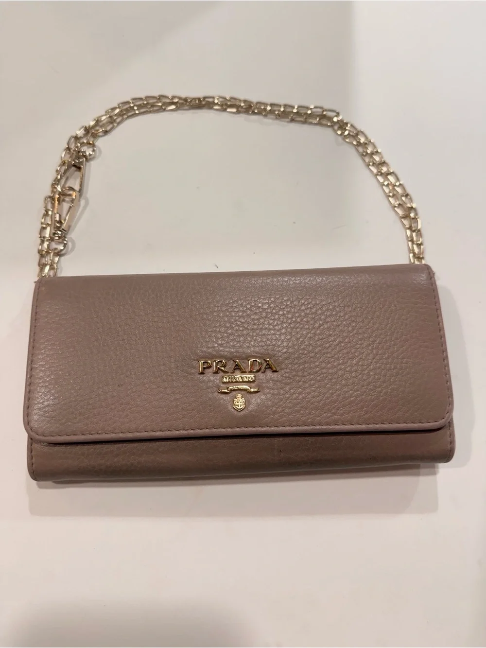 Prada Milano Vitello Grain Leather Continental Wallet Blush Pink Gold Logo